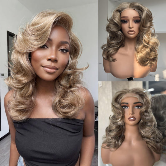 [70s Layers] Farrah Fawcett Style T Lace Glueless Synthetic Wig Golden Brown