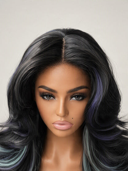 [Detroit Layers] 24 Inches Black Purple Mint Glueless Synthetic Wig