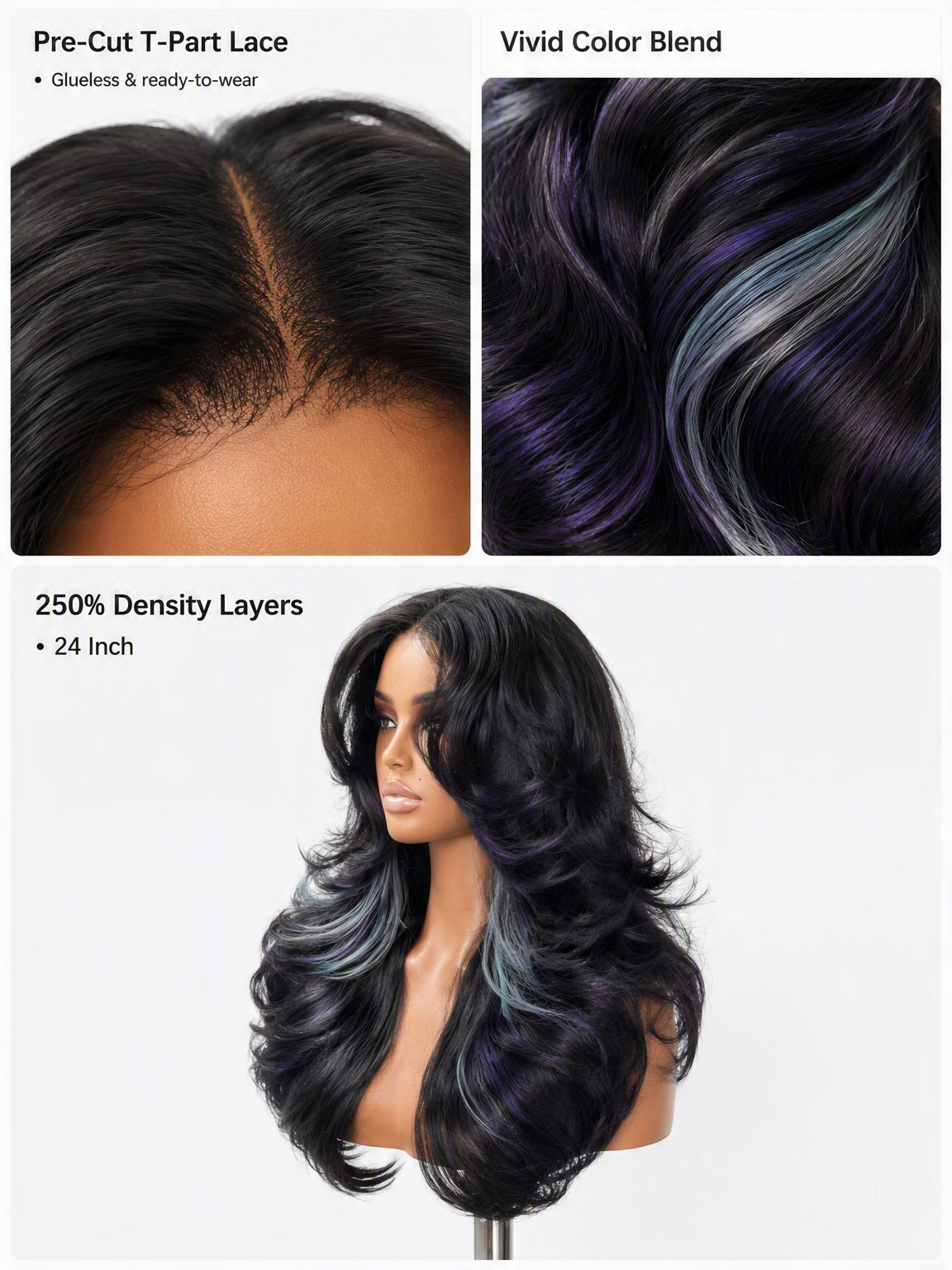 [Detroit Layers] 24 Inches Black Purple Mint Glueless Synthetic Wig