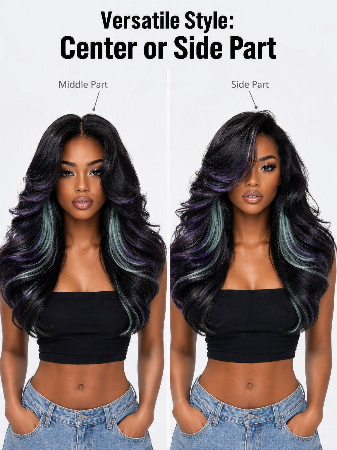 [Detroit Layers] 24 Inches Black Purple Mint Glueless Synthetic Wig