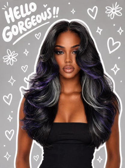 [Detroit Layers] 24 Inches Black Purple Mint Glueless Synthetic Wig