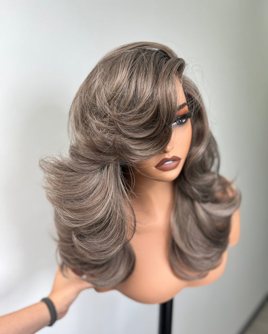 [Choppy Layers] Butterfly Cut T-Lace Synthetic Glueless Wigs Ash Brown Gray