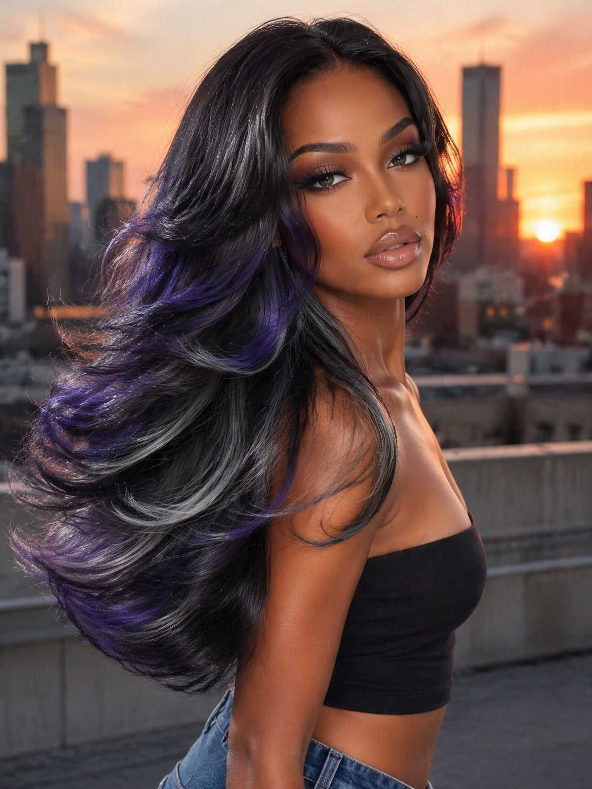 [Detroit Layers] 24 Inches Black Purple Mint Glueless Synthetic Wig