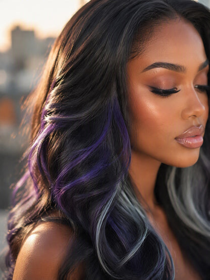 [Detroit Layers] 24 Inches Black Purple Mint Glueless Synthetic Wig