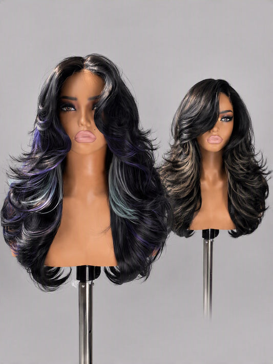 [Detroit Layers] 24 Inches Black Purple Mint Glueless Synthetic Wig