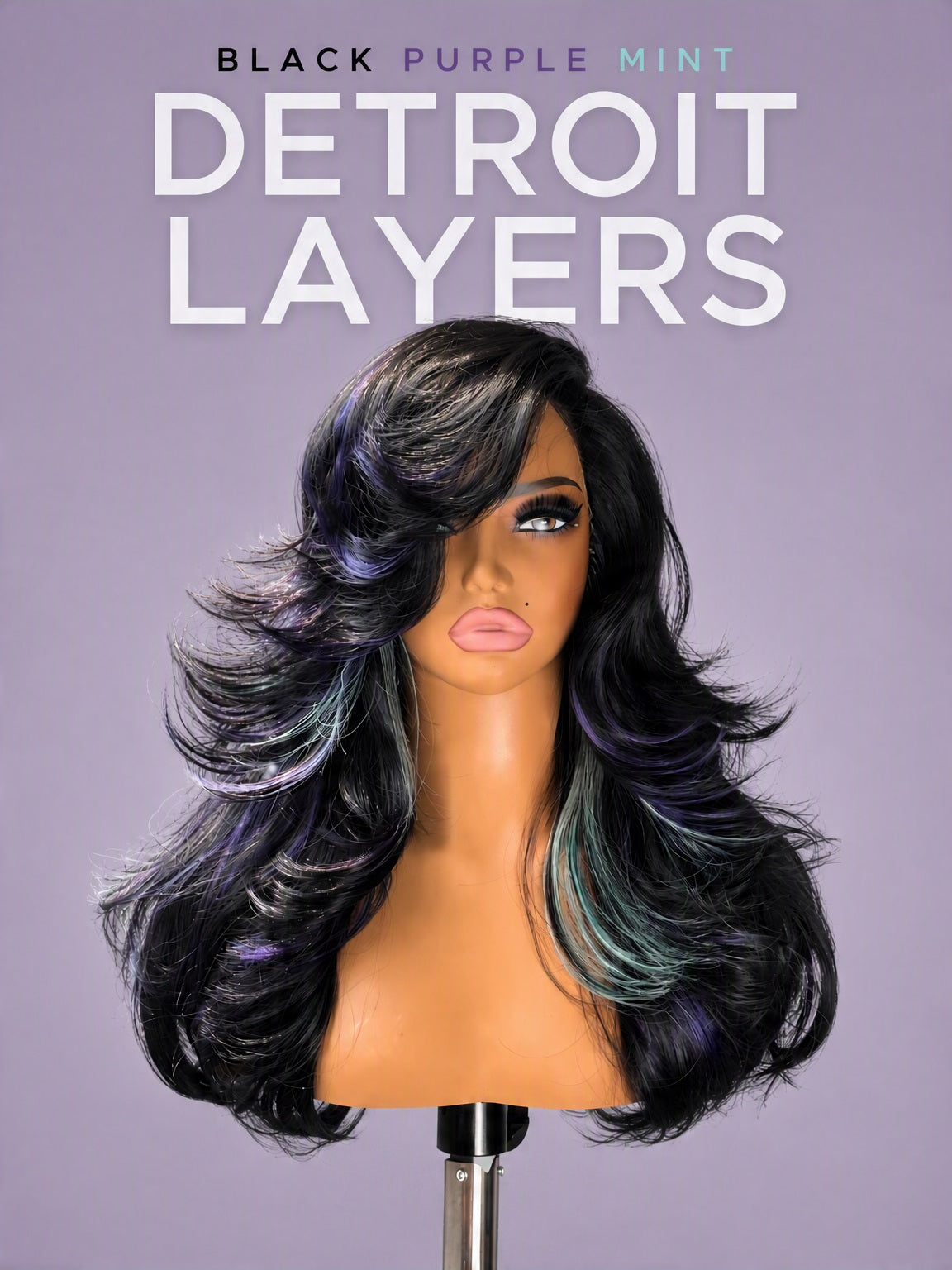 [Detroit Layers] 24 Inches Black Purple Mint Glueless Synthetic Wig