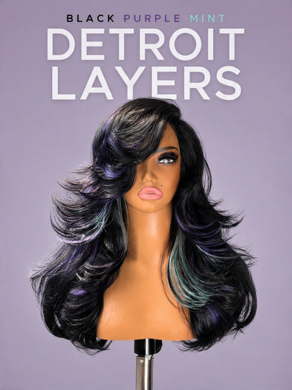 [Detroit Layers] 24 Inches Black Purple Mint Glueless Synthetic Wig