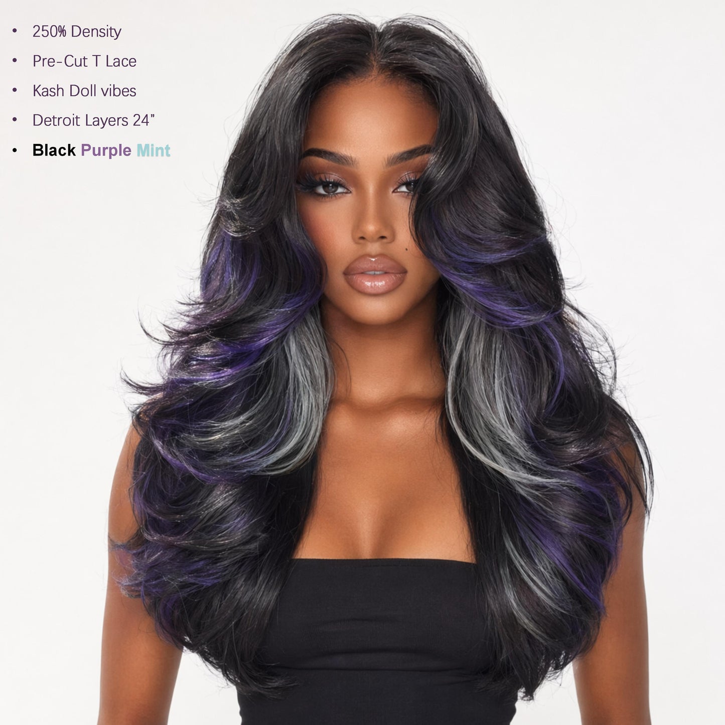 [Detroit Layers] 24 Inches Black Purple Mint Glueless Synthetic Wig