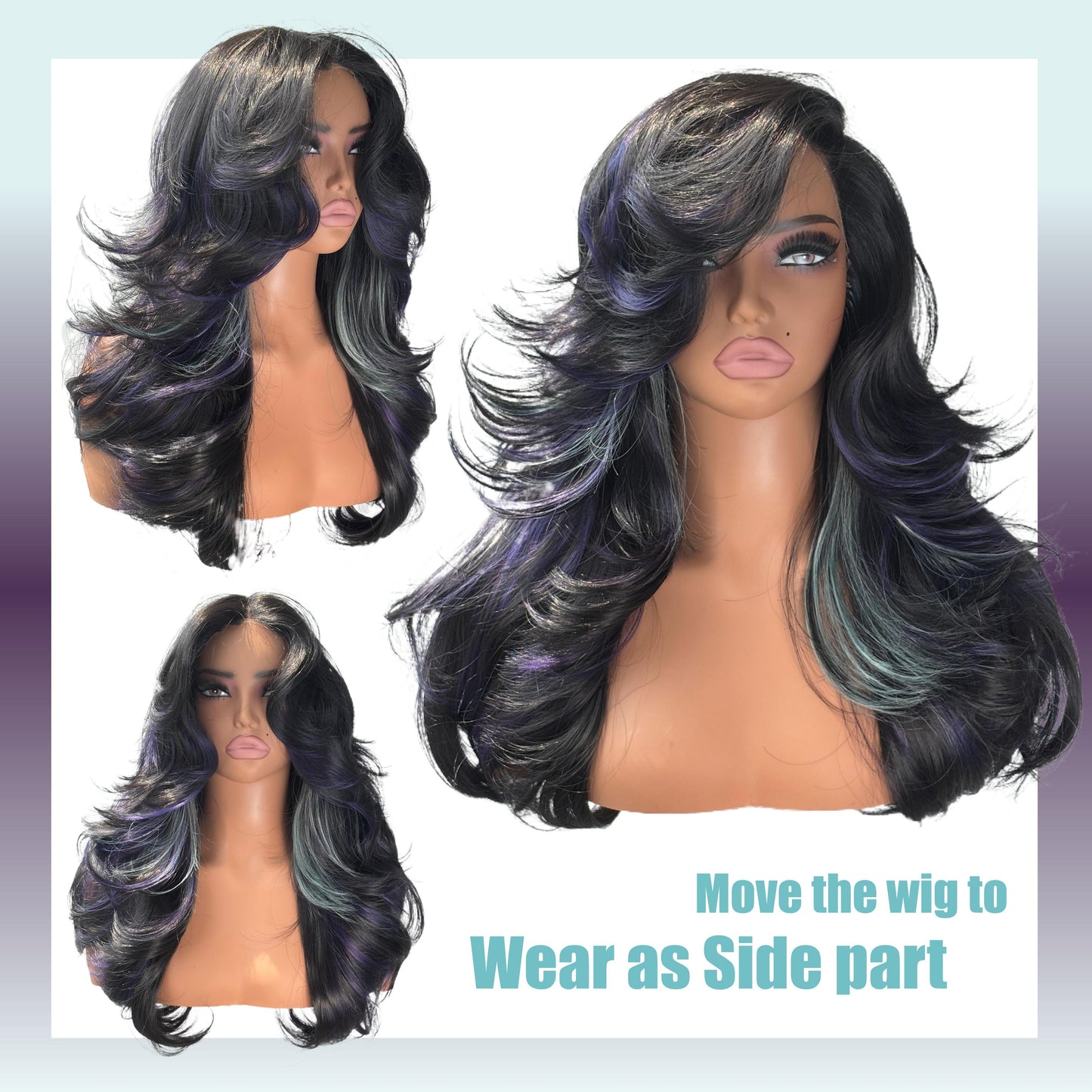 [Detroit Layers] 24 Inches Black Purple Mint Glueless Synthetic Wig