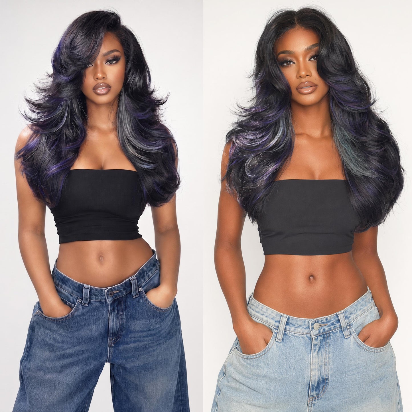 [Detroit Layers] 24 Inches Black Purple Mint Glueless Synthetic Wig