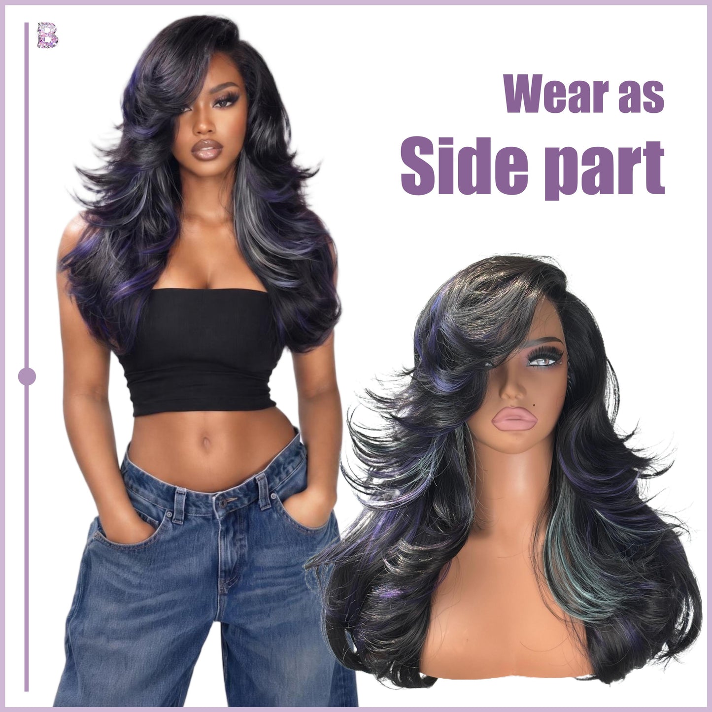 [Detroit Layers] 24 Inches Black Purple Mint Glueless Synthetic Wig