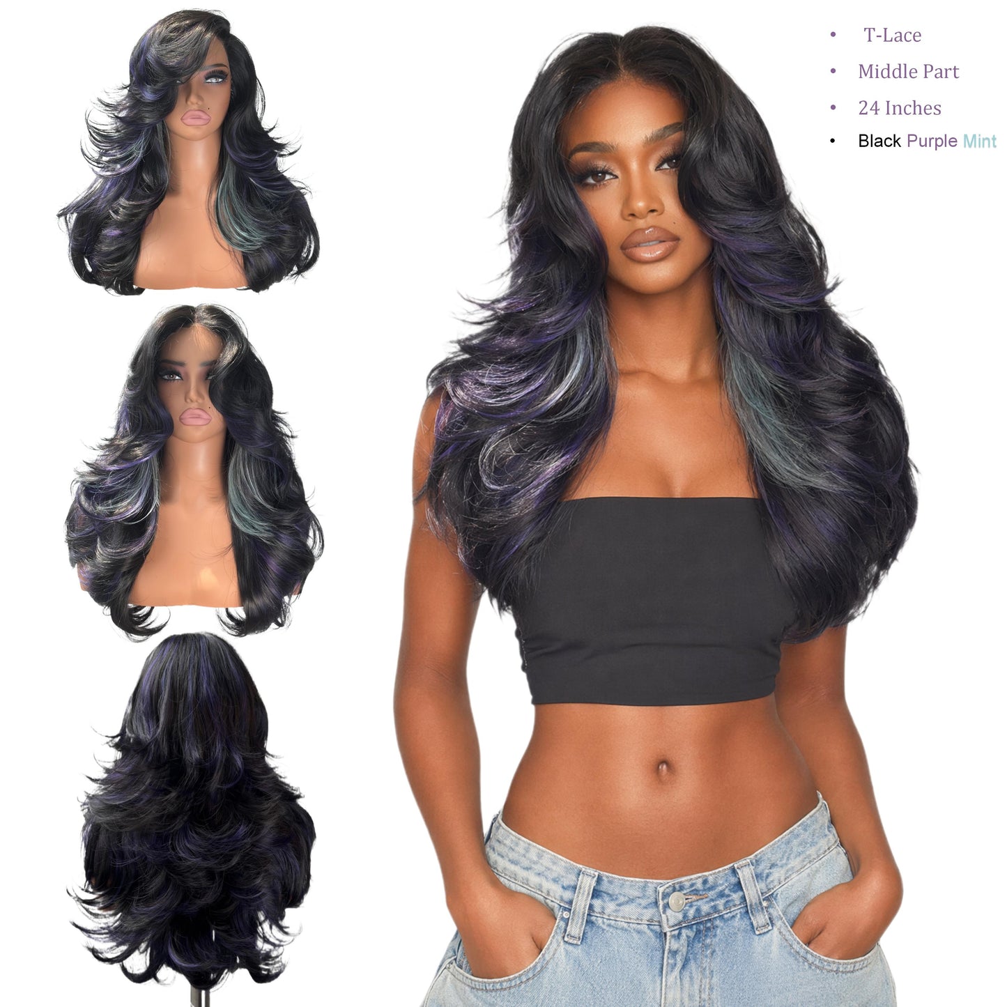 [Detroit Layers] 24 Inches Black Purple Mint Glueless Synthetic Wig