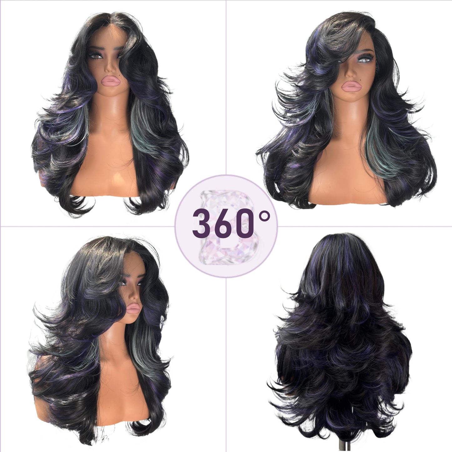 [Detroit Layers] 24 Inches Black Purple Mint Glueless Synthetic Wig