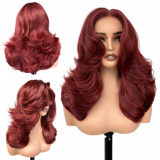 [Choppy Layers] Butterfly Cut T-Lace Synthetic Glueless Wigs Ruby Red