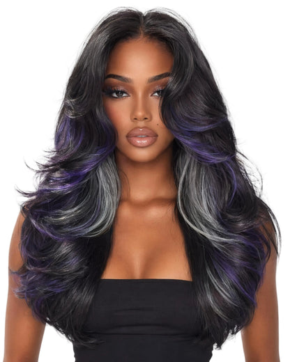 [Detroit Layers] 24 Inches Black Purple Mint Glueless Synthetic Wig