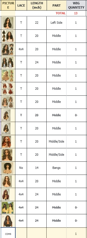 Alison Sample: 12 Wigs, 1 Brush