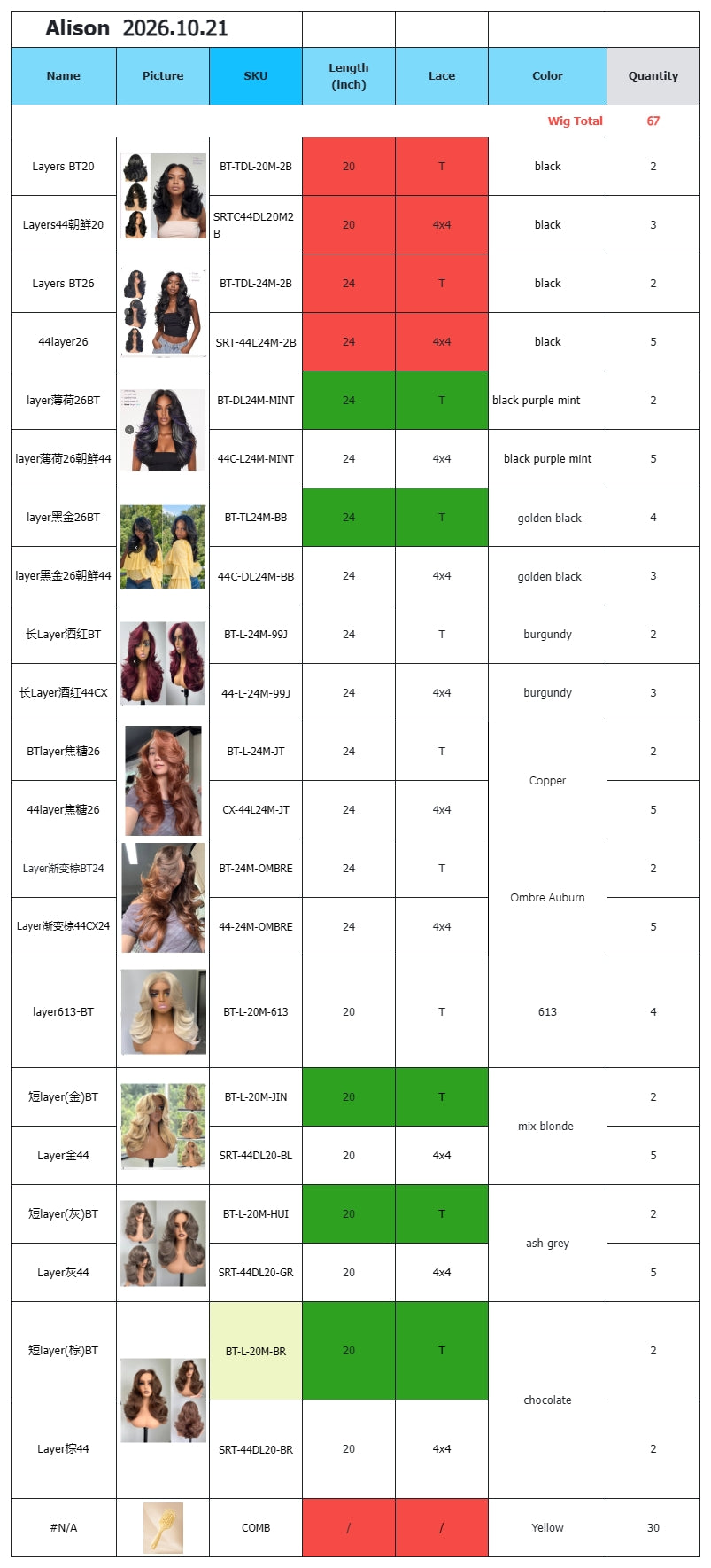 Alison: 67 wigs & 30 Brushes By Air