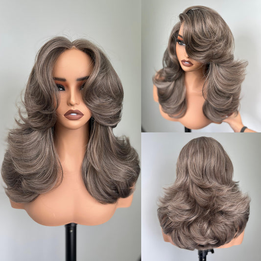 [Choppy Layers] Butterfly Cut T-Lace Synthetic Glueless Wigs Ash Brown Gray